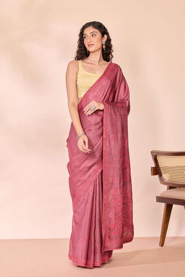 Dark Red Bengal Pure Tussar Silk Kantha Embroidered Saree thumbnail image number null