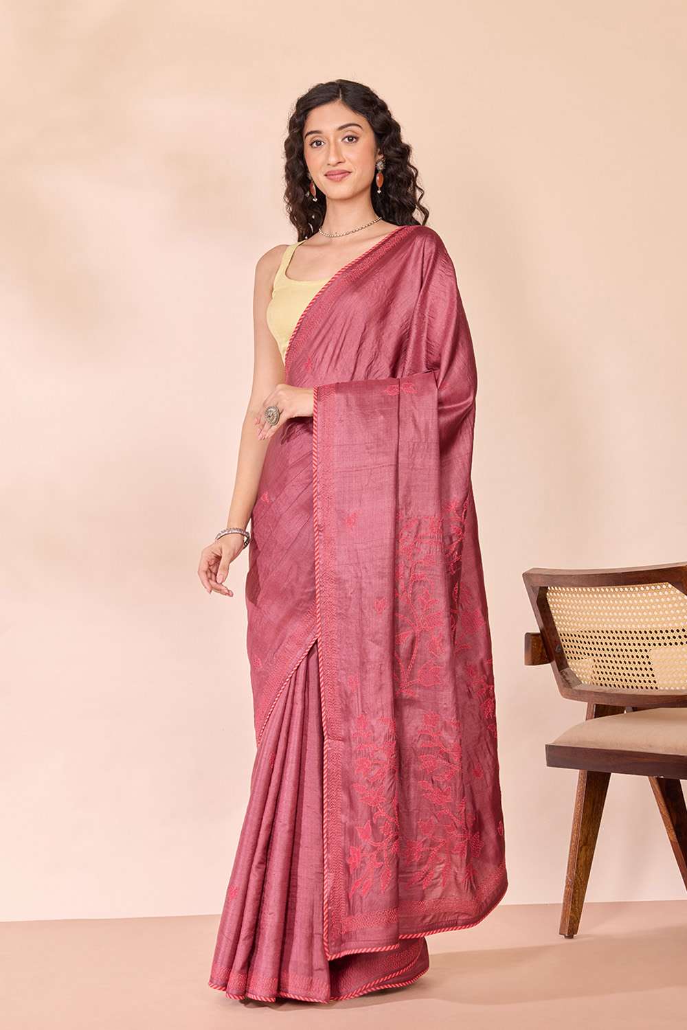 Dark Red Bengal Pure Tussar Silk Kantha Embroidered Saree image number null