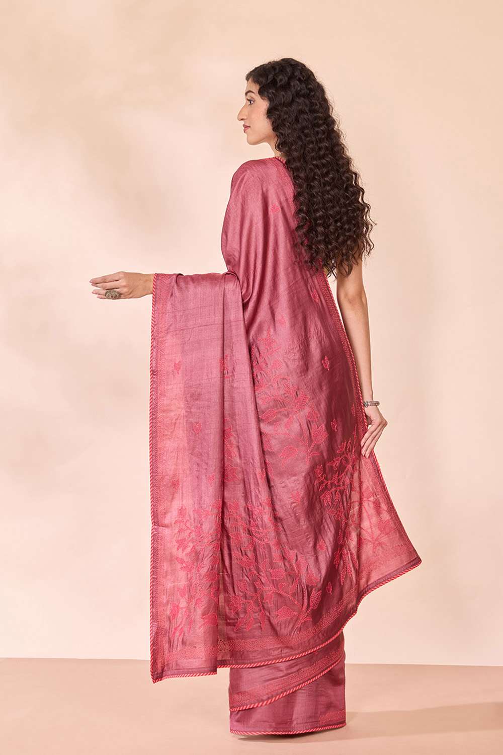 Dark Red Bengal Pure Tussar Silk Kantha Embroidered Saree image number null