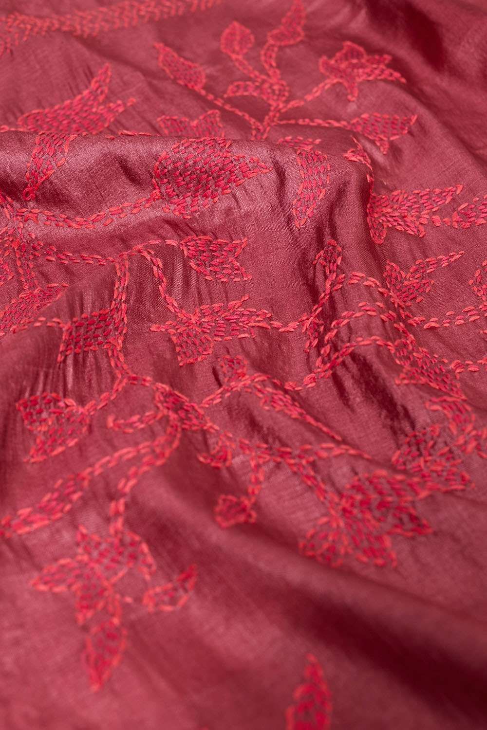 Dark Red Bengal Pure Tussar Silk Kantha Embroidered Saree image number null