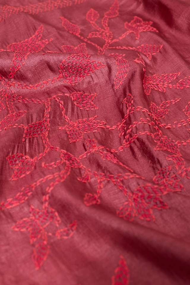 Dark Red Bengal Pure Tussar Silk Kantha Embroidered Saree thumbnail image number null