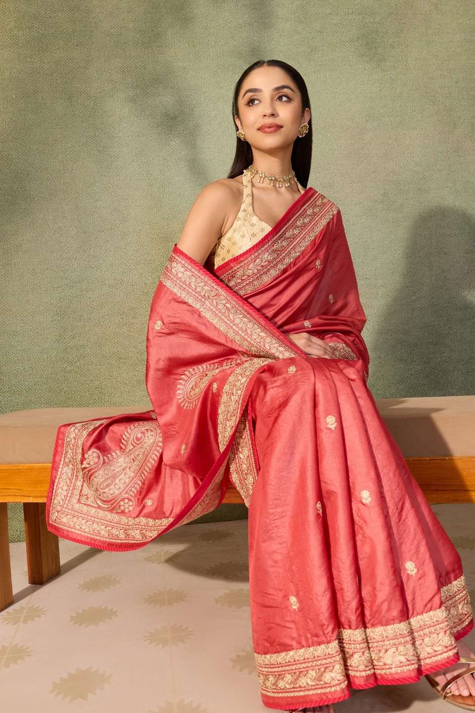Red Bengal Pure Tussar Silk Embroidered Saree