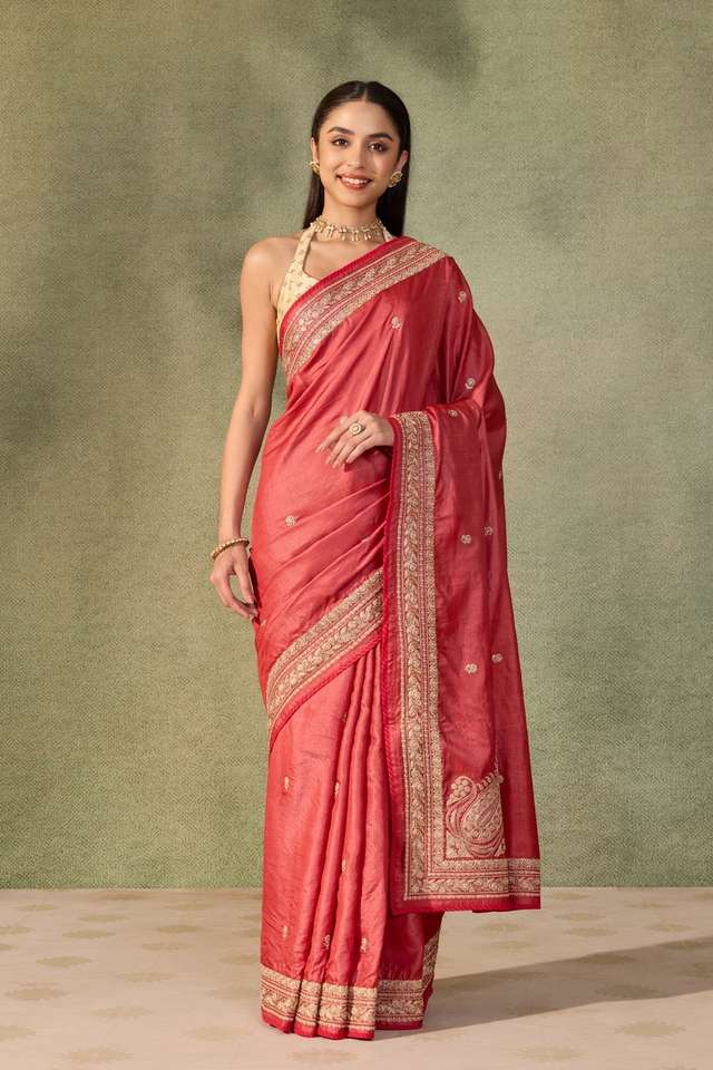 Red Bengal Pure Tussar Silk Embroidered Saree thumbnail image number null