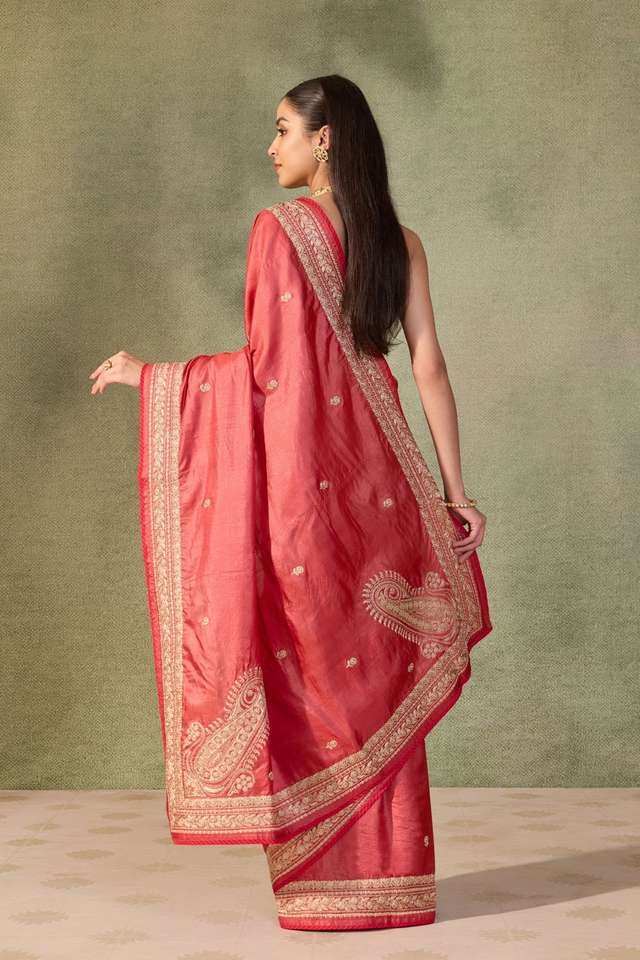 Red Bengal Pure Tussar Silk Embroidered Saree thumbnail image number null