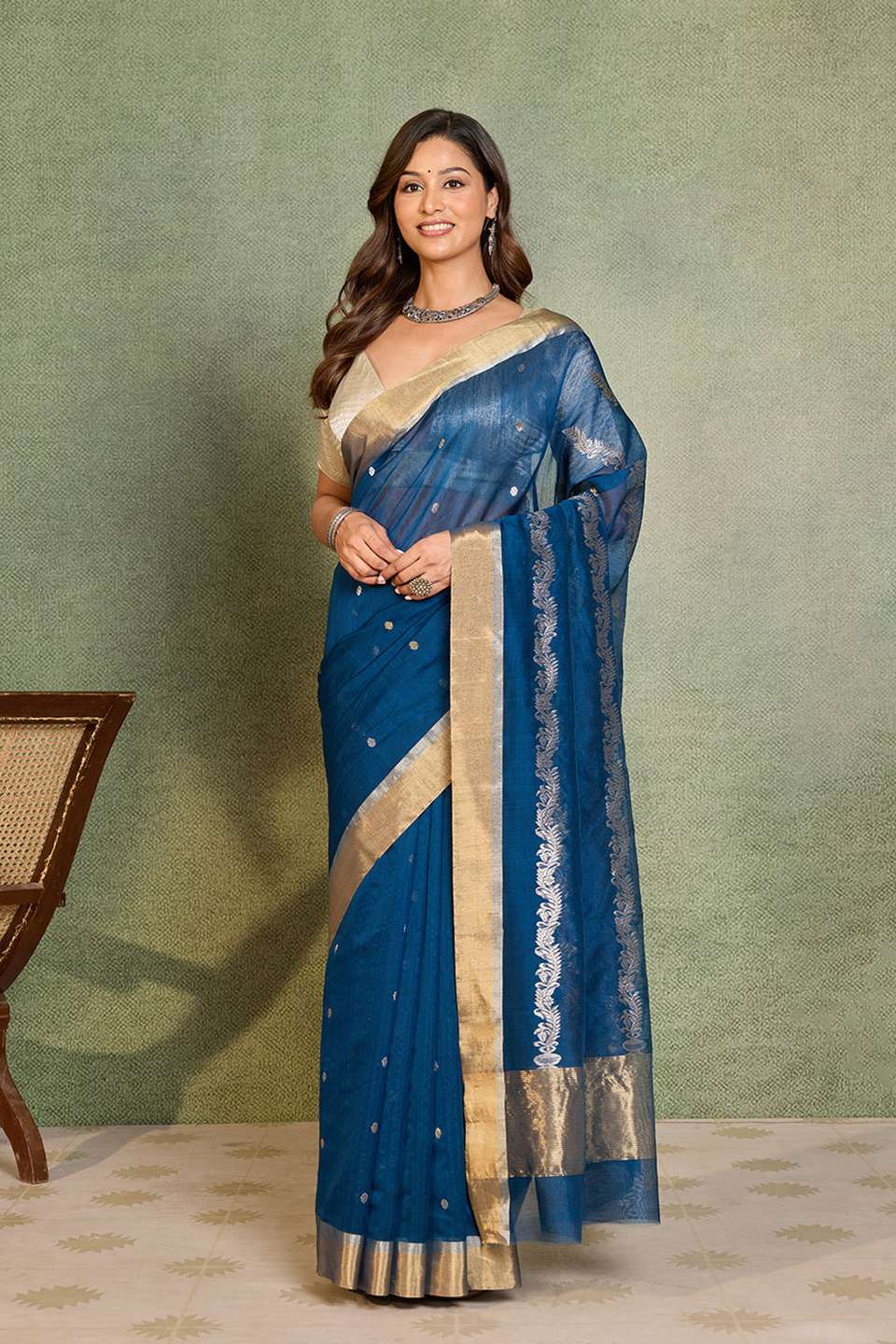 Blue Woven Pure Silk Cotton Chanderi Saree