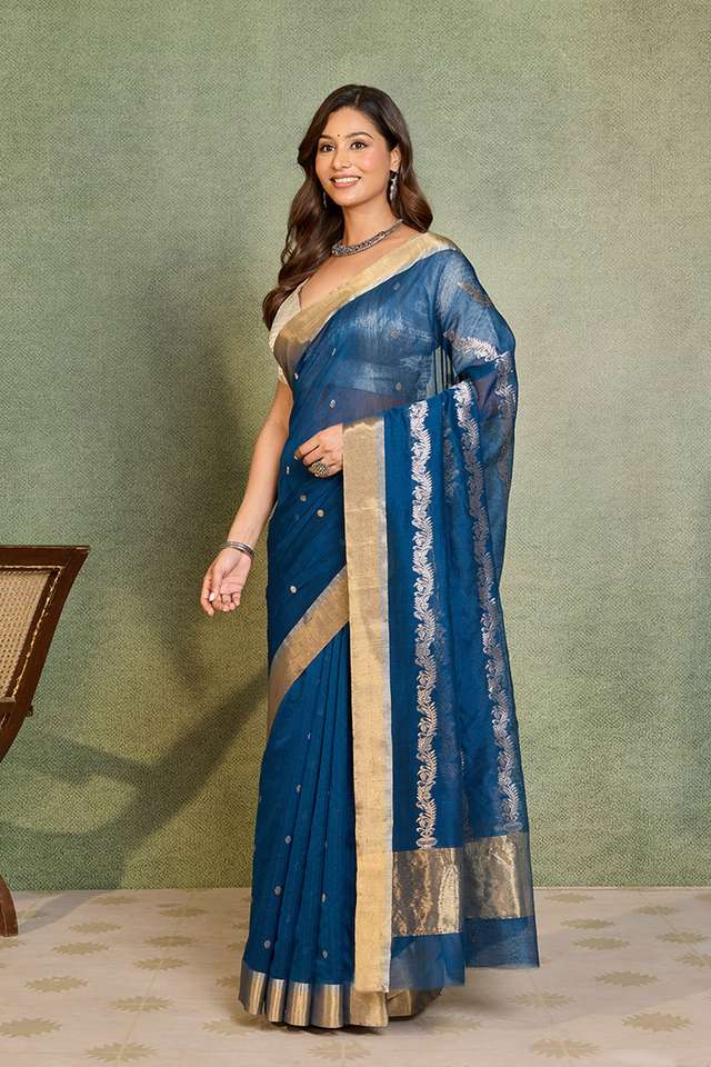 Blue Woven Pure Silk Cotton Chanderi Saree thumbnail image number null