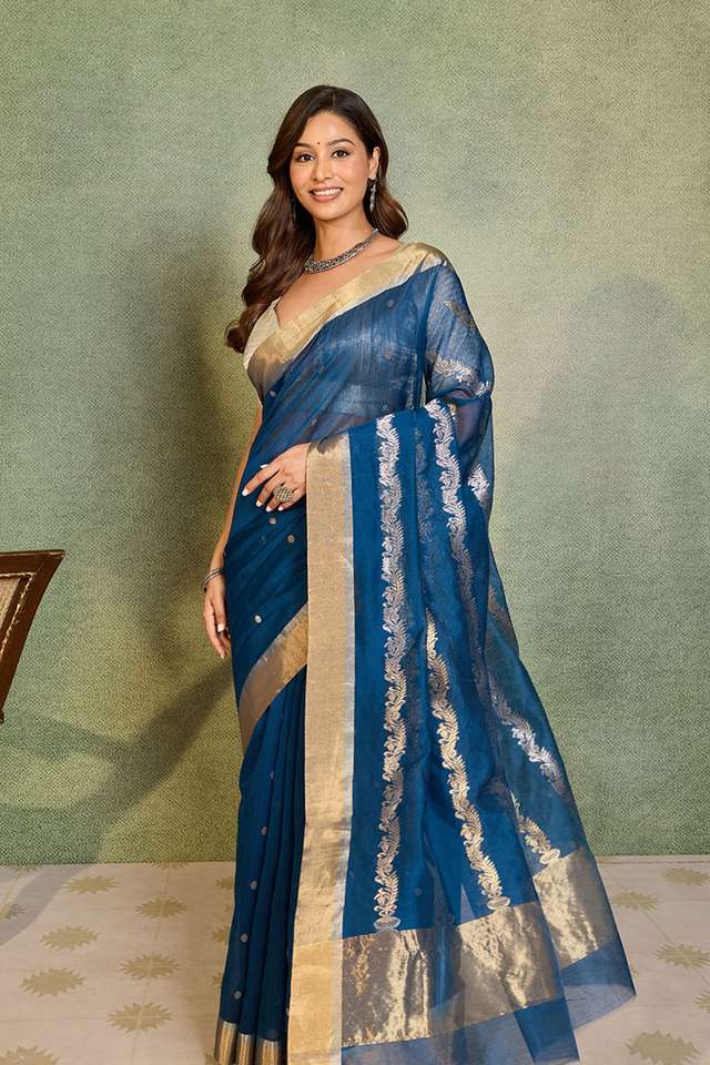 Blue Woven Pure Silk Cotton Chanderi Saree thumbnail image number null