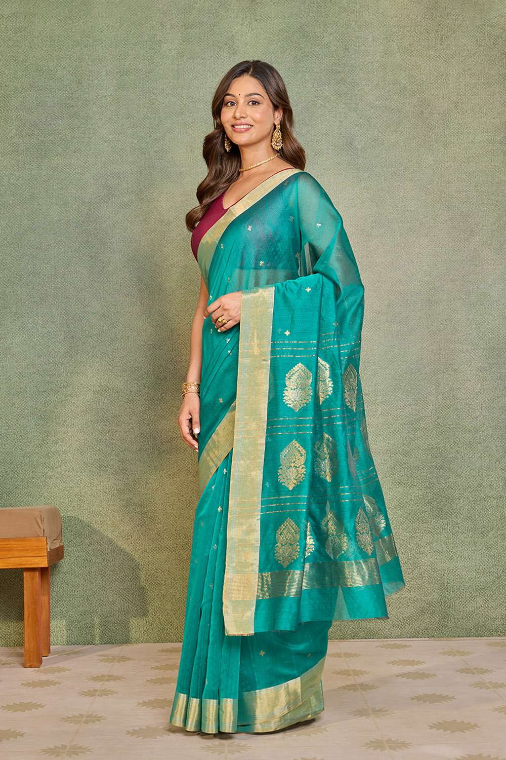 Blue Woven Pure Silk Cotton Chanderi Saree image number null