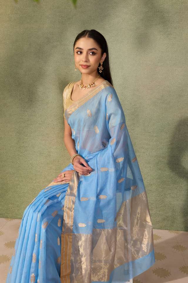 Light Blue Eknaliya Pure Silk Cotton Chanderi Saree image number