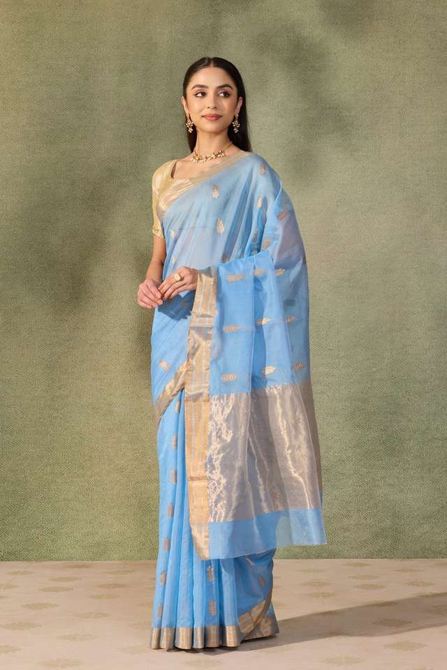 Light Blue Eknaliya Pure Silk Cotton Chanderi Saree thumbnail image number null