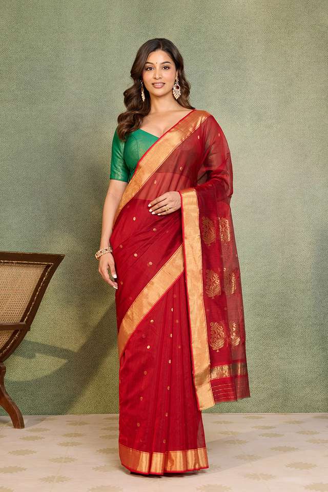 Red Woven Pure Silk Cotton Chanderi Saree thumbnail image number null