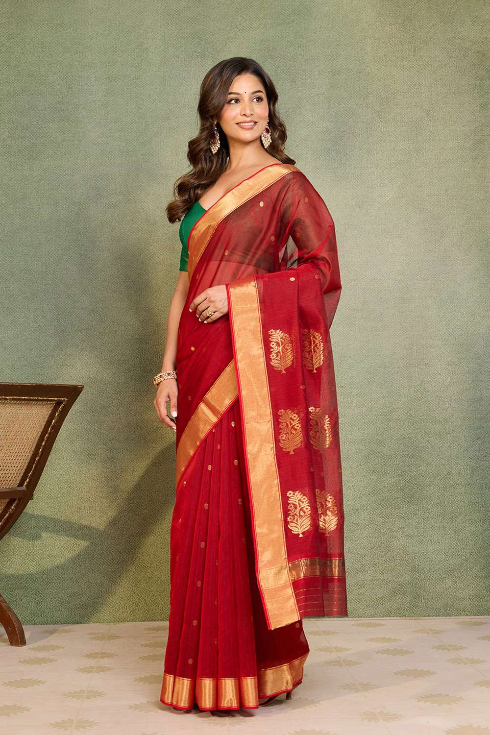 Red Woven Pure Silk Cotton Chanderi Saree image number null