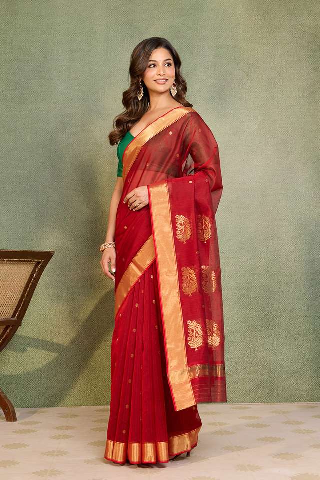 Red Woven Pure Silk Cotton Chanderi Saree thumbnail image number null