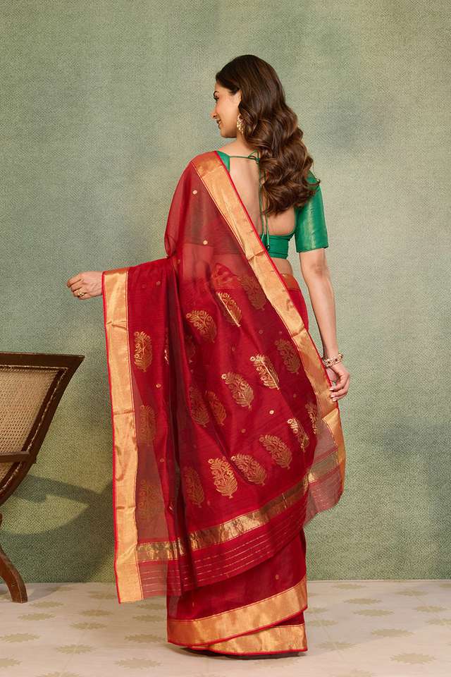 Red Woven Pure Silk Cotton Chanderi Saree thumbnail image number null