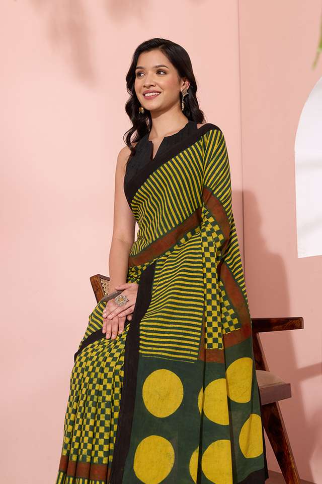 Green Gujarat Pure Cotton Ajrakh Saree thumbnail image number null