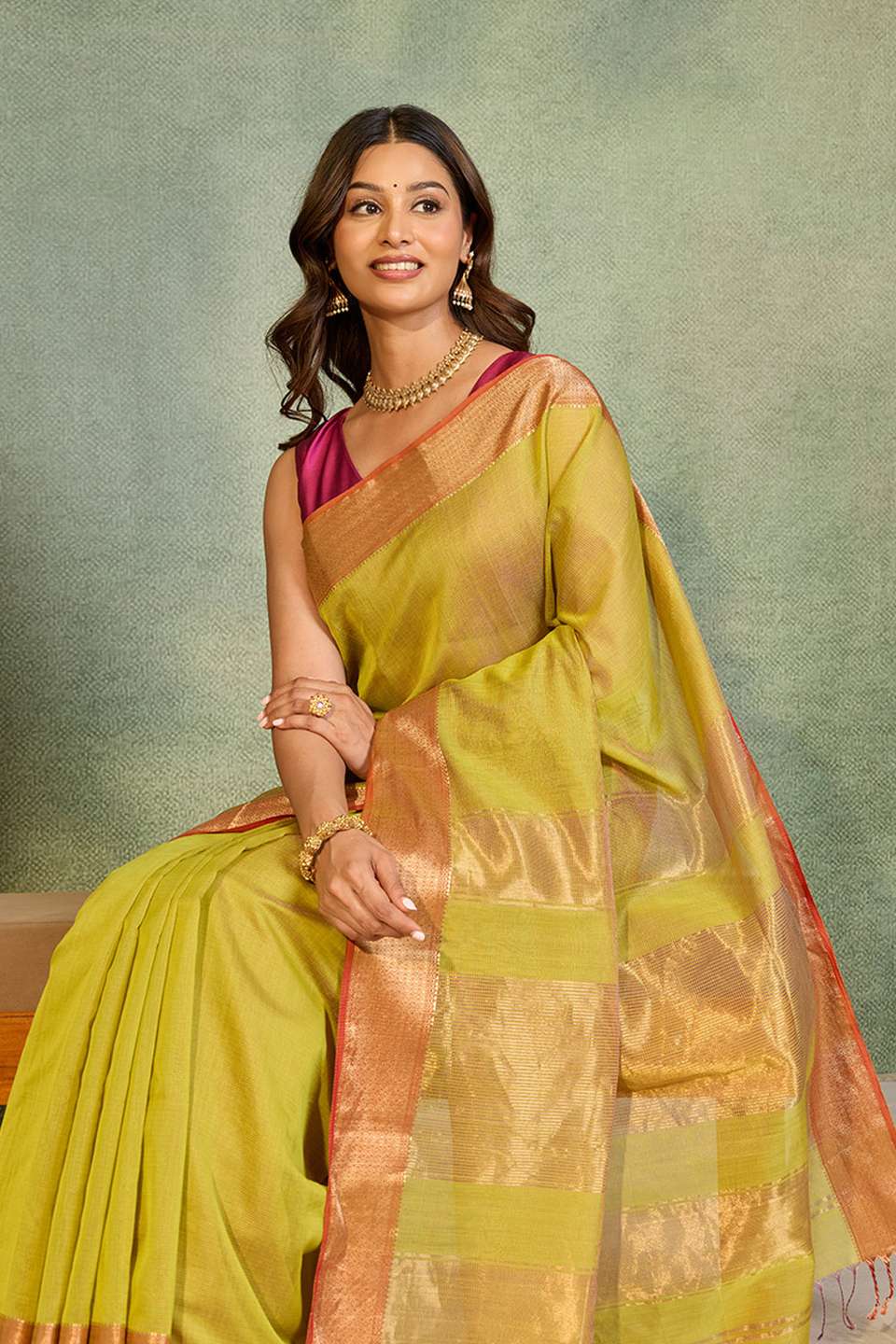 Light Green Woven Pure Tissue Cotton Maheshwari Saree