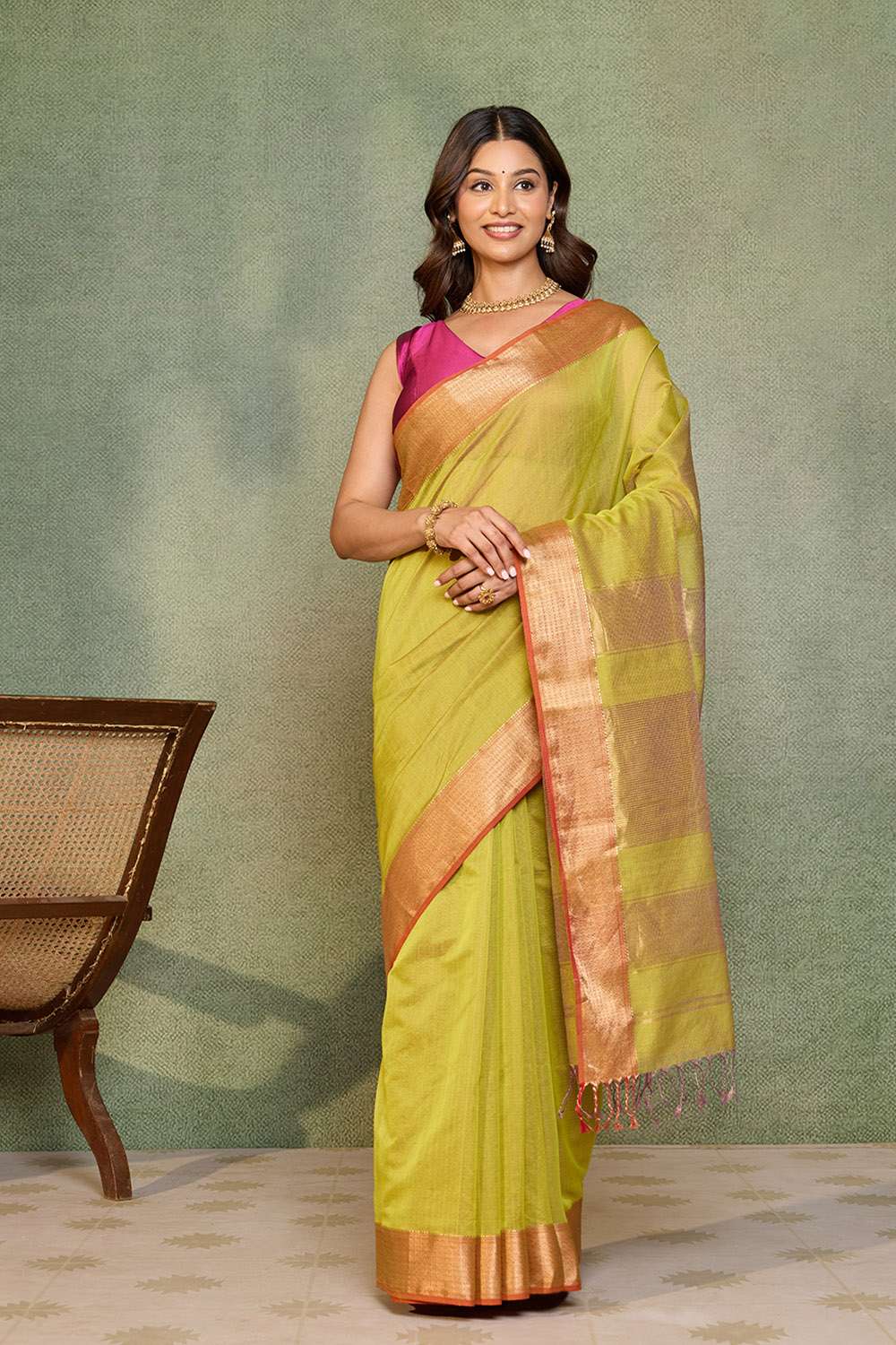 Light Green Woven Pure Tissue Cotton Maheshwari Saree image number null