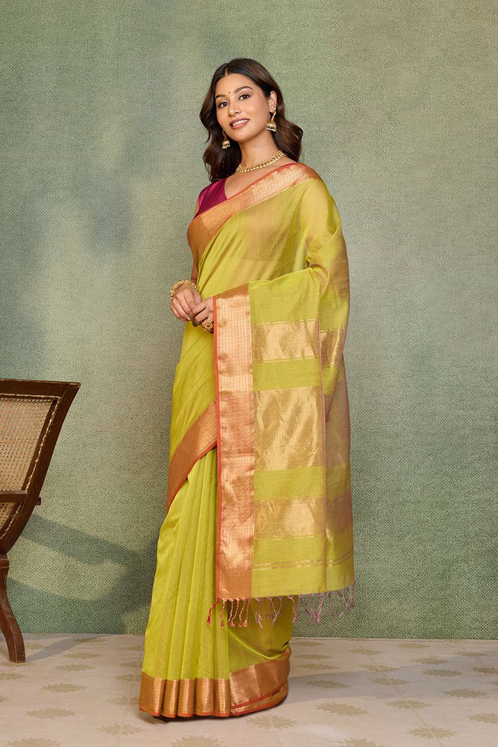 Light Green Woven Pure Tissue Cotton Maheshwari Saree image number null