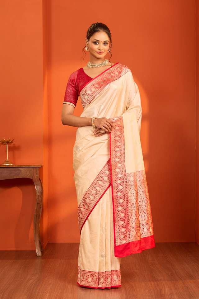 Beige Pure Silk Kadwa Banarasi Saree thumbnail image number null