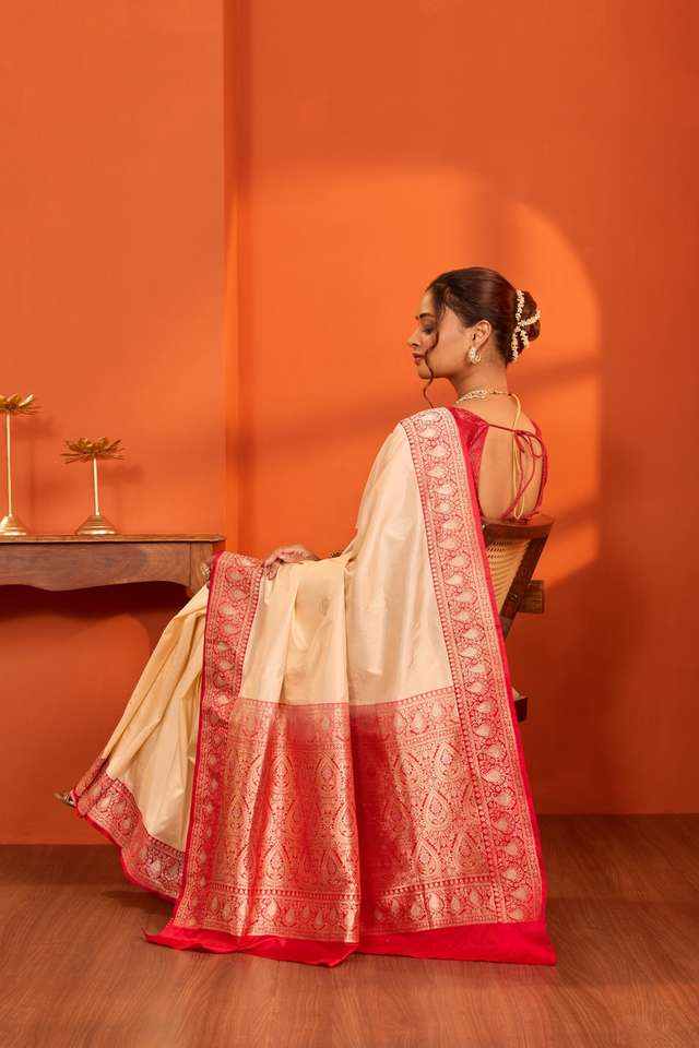 Beige Pure Silk Kadwa Banarasi Saree thumbnail image number null