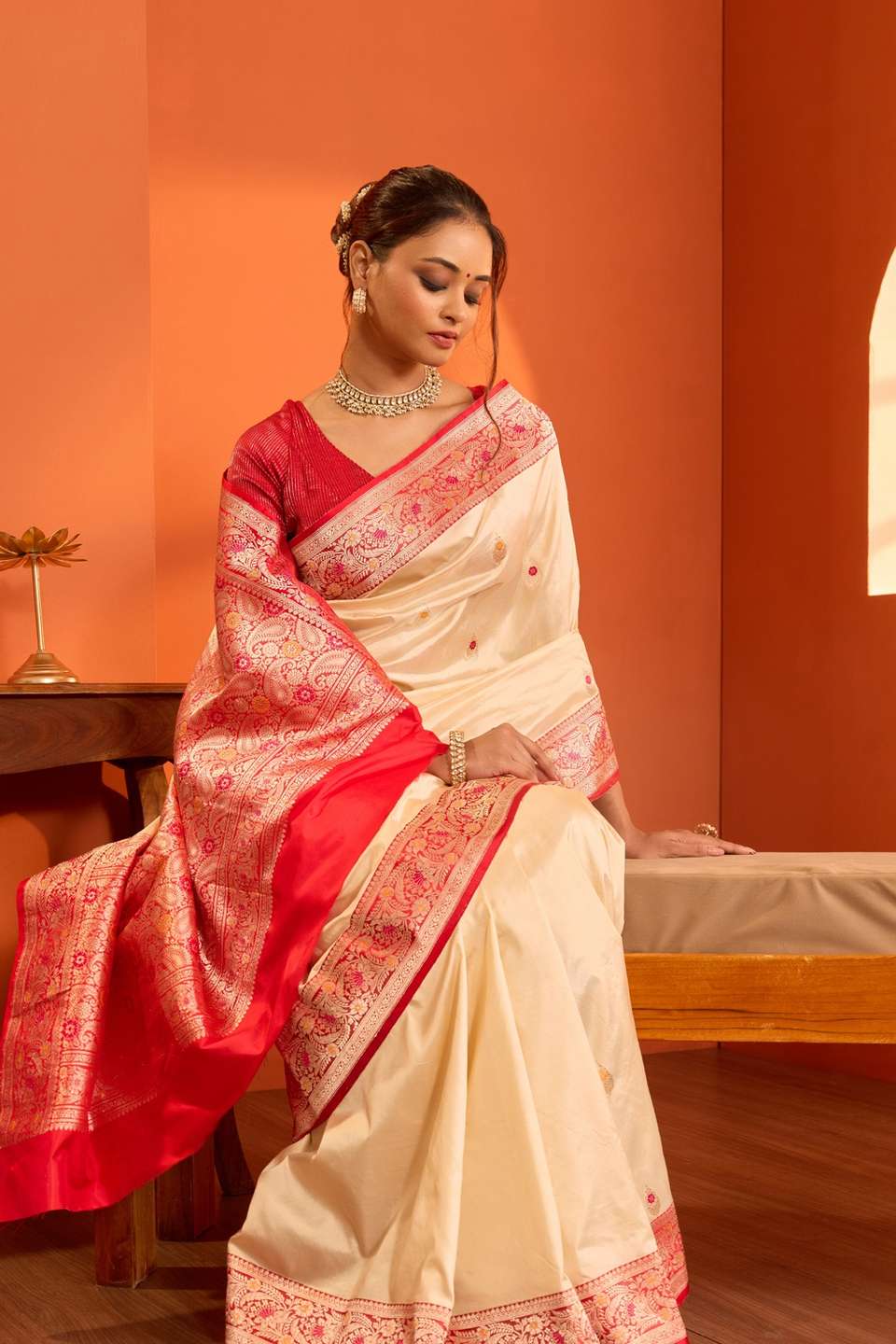 Beige Pure Silk Kadwa Banarasi Saree