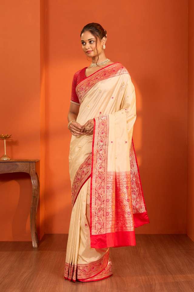 Beige Pure Silk Kadwa Banarasi Saree thumbnail image number null