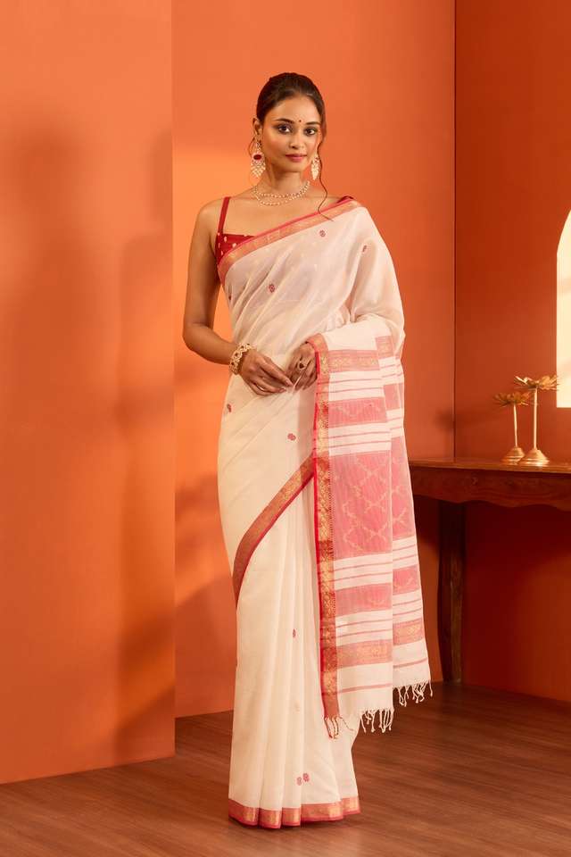 Off White Woven Pure Silk Cotton Maheshwari Saree thumbnail image number null