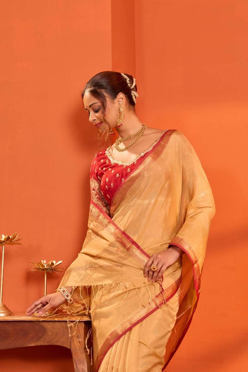 Beige Woven Pure Tissue Cotton Maheshwari Saree