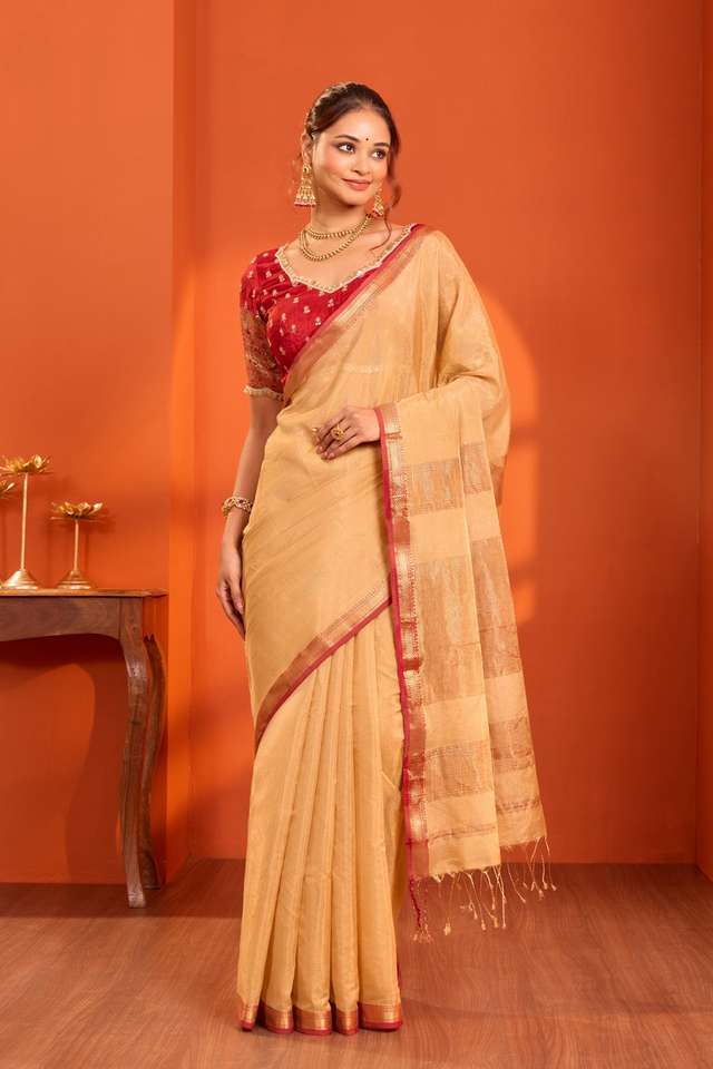Beige Woven Pure Tissue Cotton Maheshwari Saree thumbnail image number null