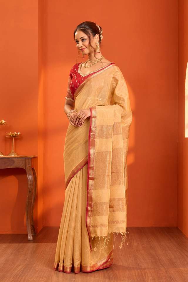 Beige Woven Pure Tissue Cotton Maheshwari Saree thumbnail image number null