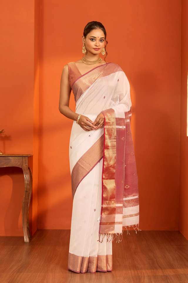 Off White Woven Pure Silk Cotton Maheshwari Saree thumbnail image number null
