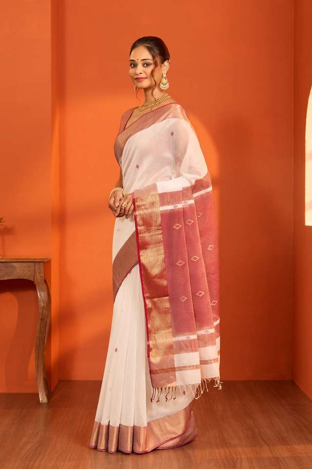 Off White Woven Pure Silk Cotton Maheshwari Saree thumbnail image number null