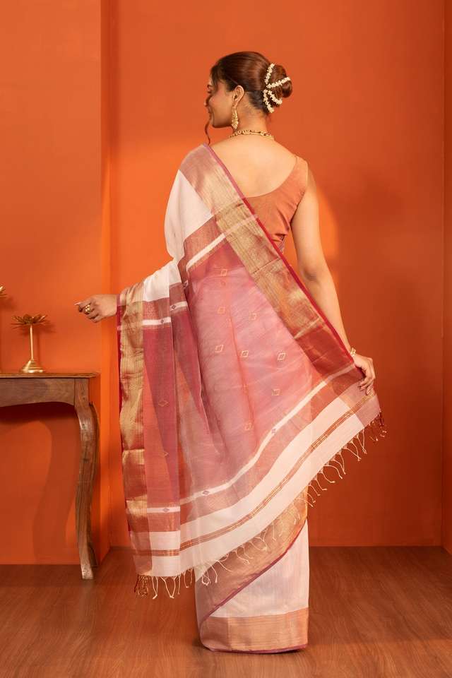 Off White Woven Pure Silk Cotton Maheshwari Saree thumbnail image number null