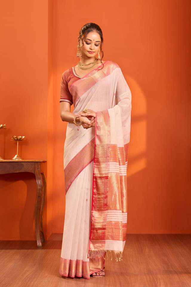 Off White Woven Pure Tissue Cotton Maheshwari Saree thumbnail image number null