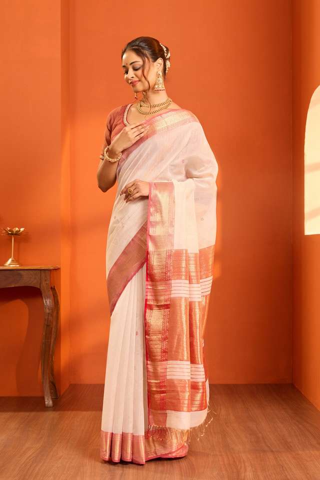 Off White Woven Pure Tissue Cotton Maheshwari Saree thumbnail image number null