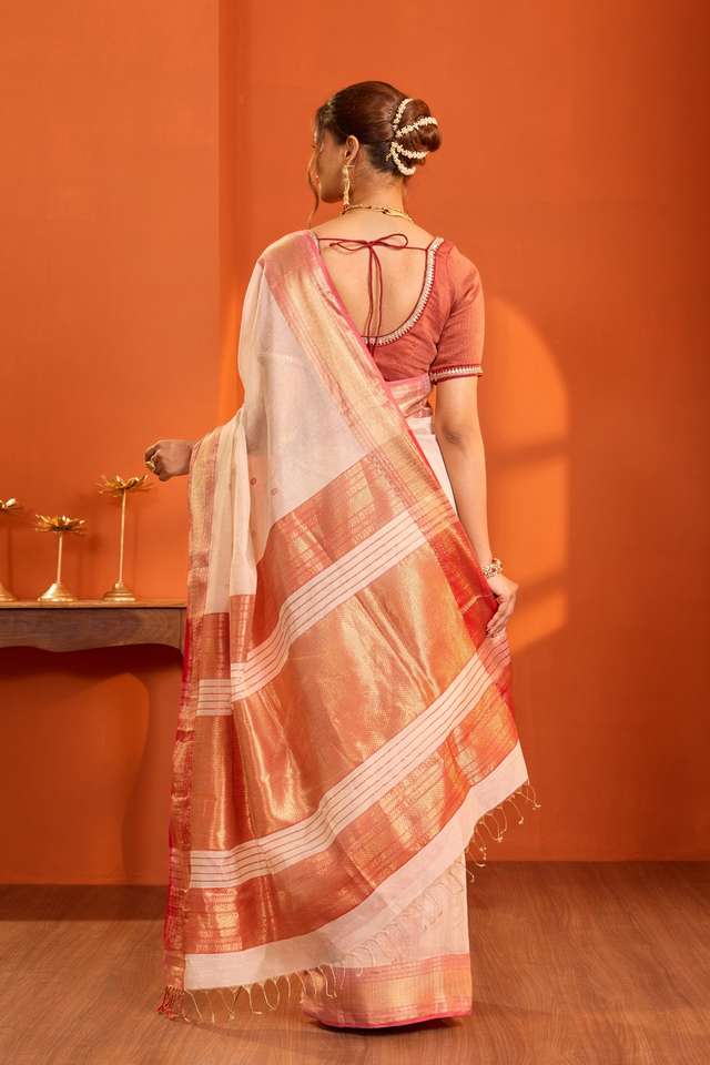 Off White Woven Pure Tissue Cotton Maheshwari Saree thumbnail image number null