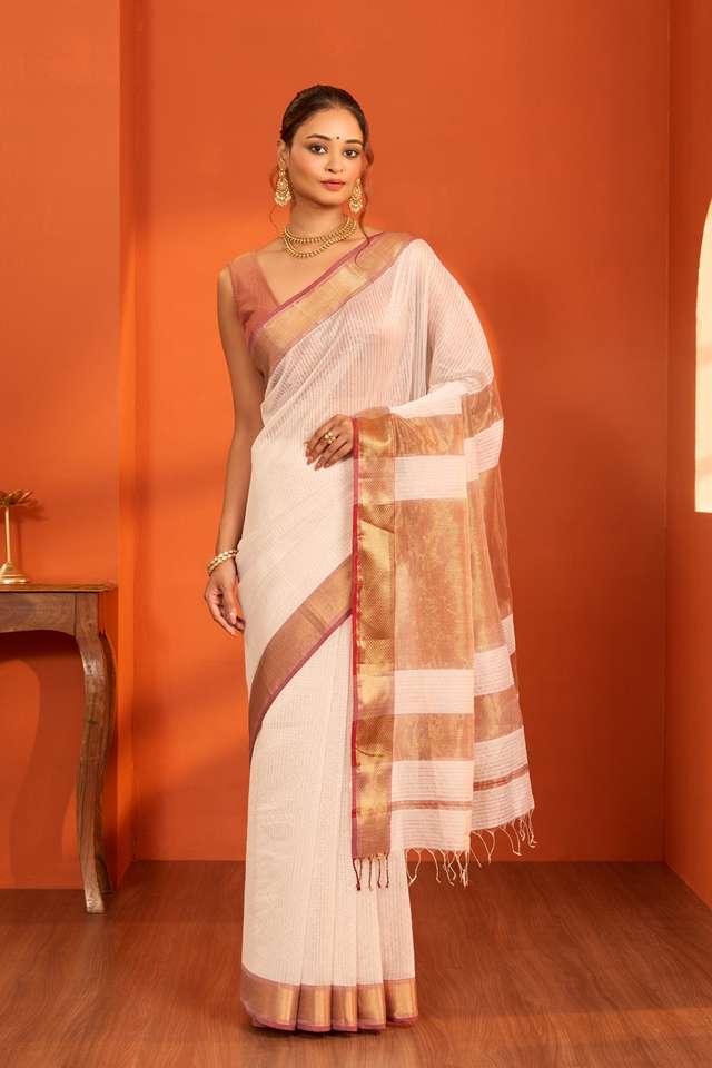 Off White Woven Pure Silk Cotton Maheshwari Saree thumbnail image number null