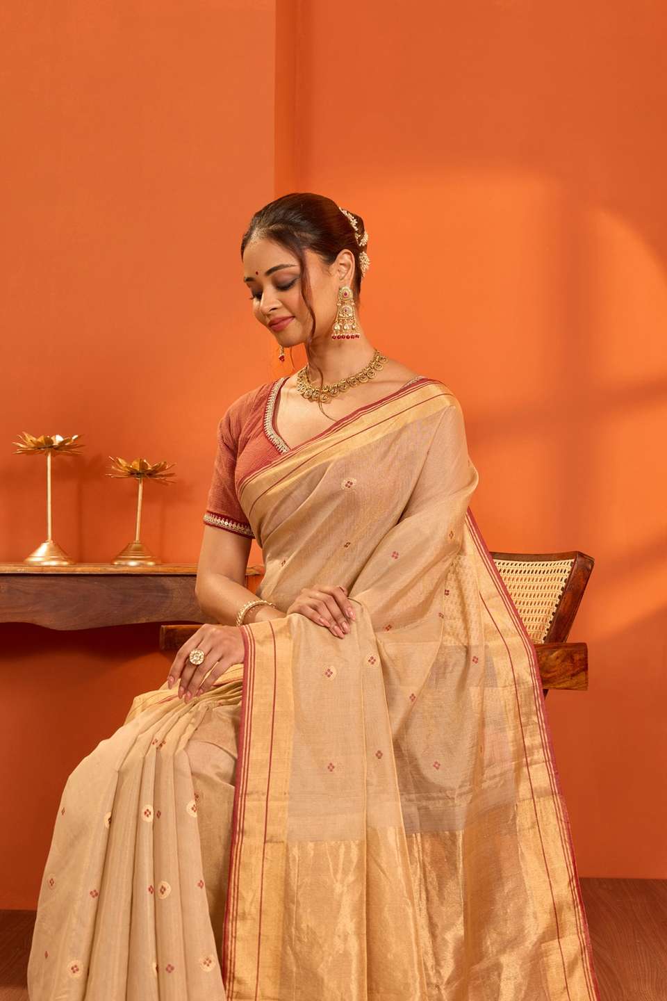 Beige Woven Pure Tissue Cotton Chanderi Saree