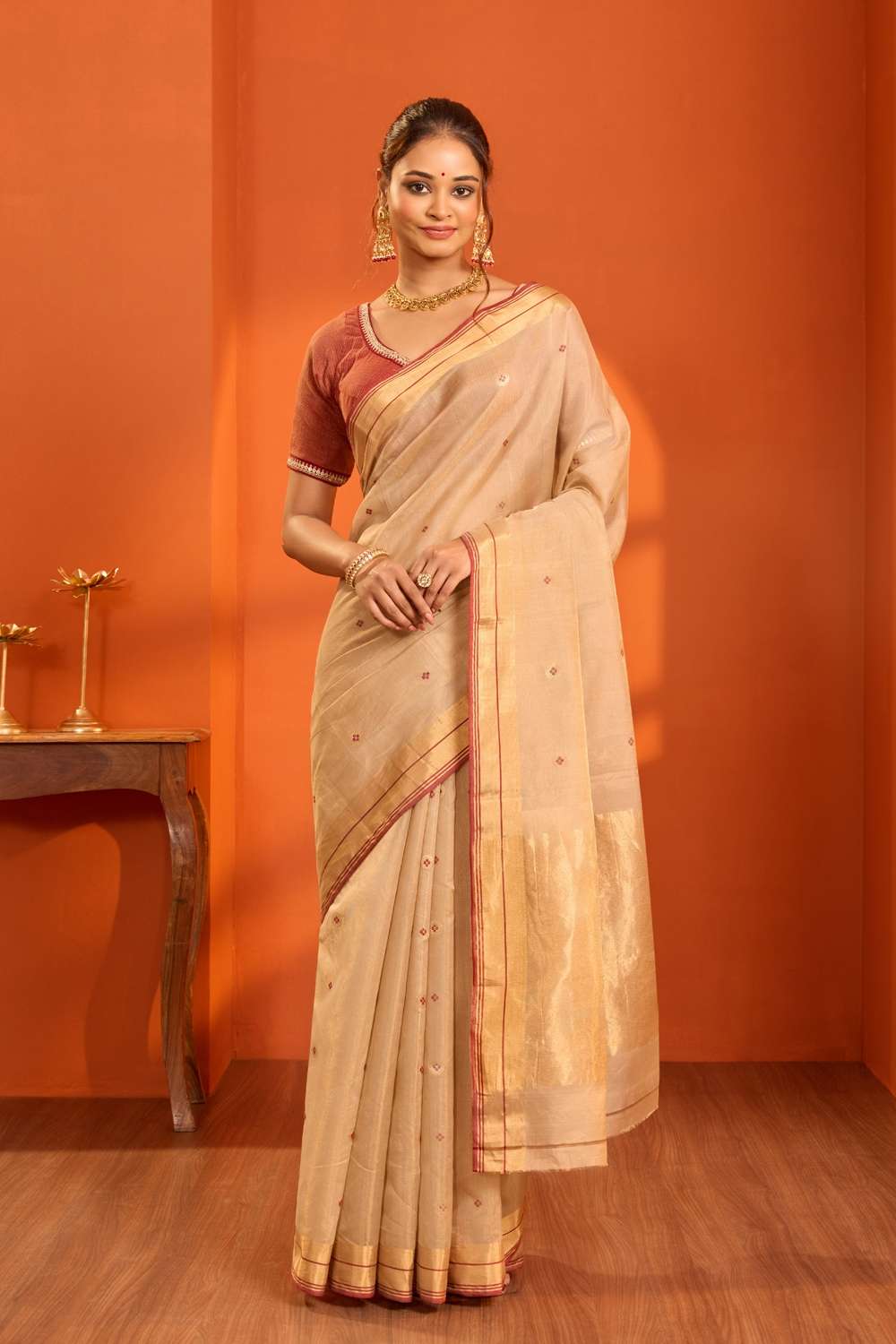 Beige Woven Pure Tissue Cotton Chanderi Saree image number null