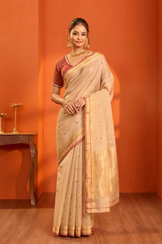 Beige Woven Pure Tissue Cotton Chanderi Saree thumbnail image number null