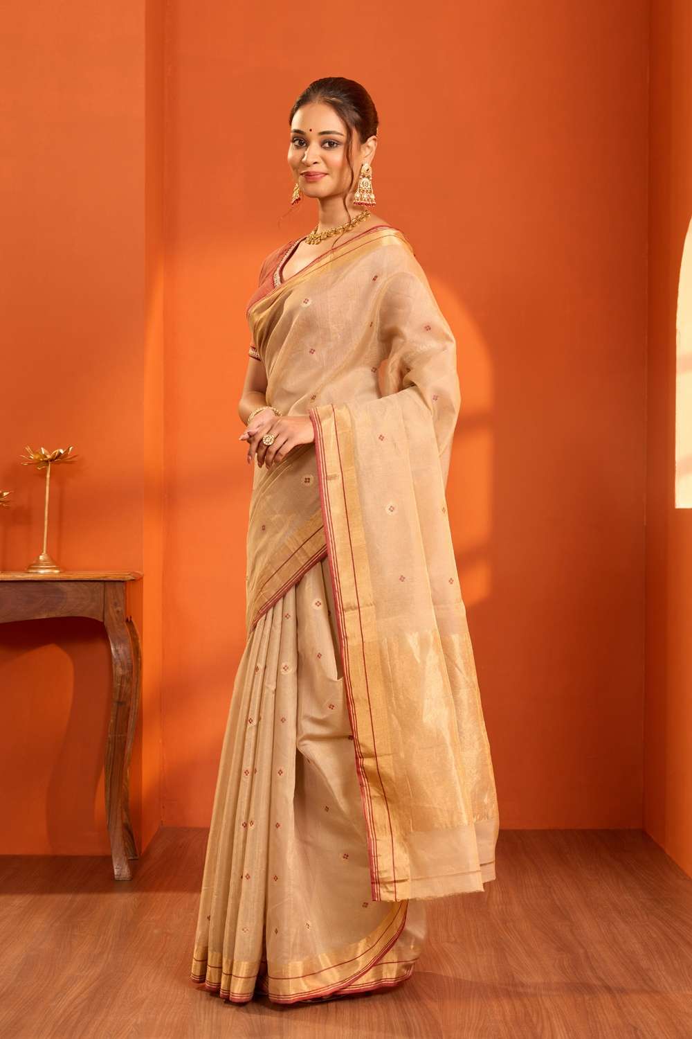 Beige Woven Pure Tissue Cotton Chanderi Saree image number null