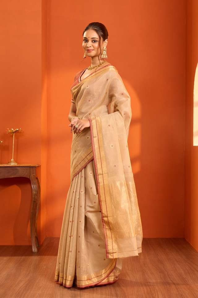 Beige Woven Pure Tissue Cotton Chanderi Saree thumbnail image number null