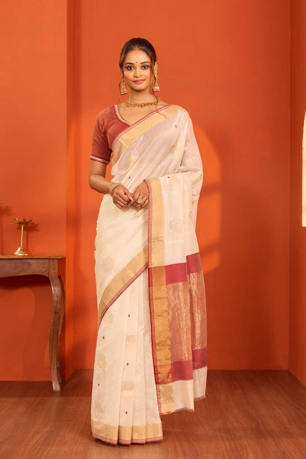 Off White Woven Pure Silk Cotton Chanderi Saree image number null