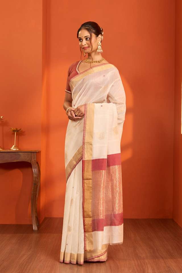 Off White Woven Pure Silk Cotton Chanderi Saree thumbnail image number null
