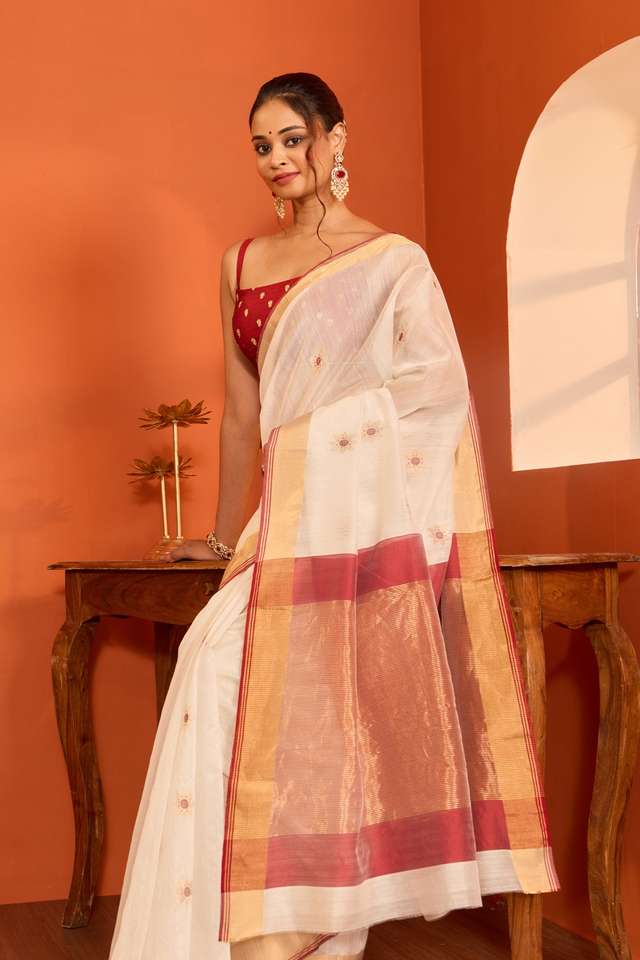 Off White Woven Pure Silk Cotton Chanderi Saree image number