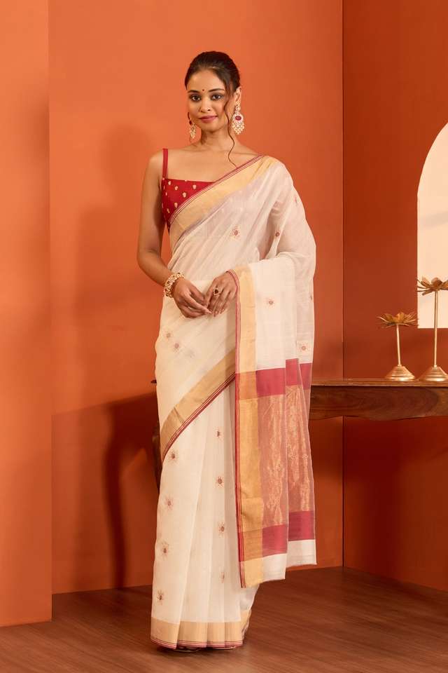 Off White Woven Pure Silk Cotton Chanderi Saree thumbnail image number null