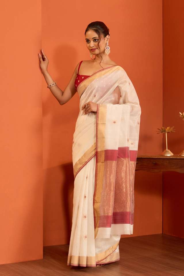 Off White Woven Pure Silk Cotton Chanderi Saree thumbnail image number null