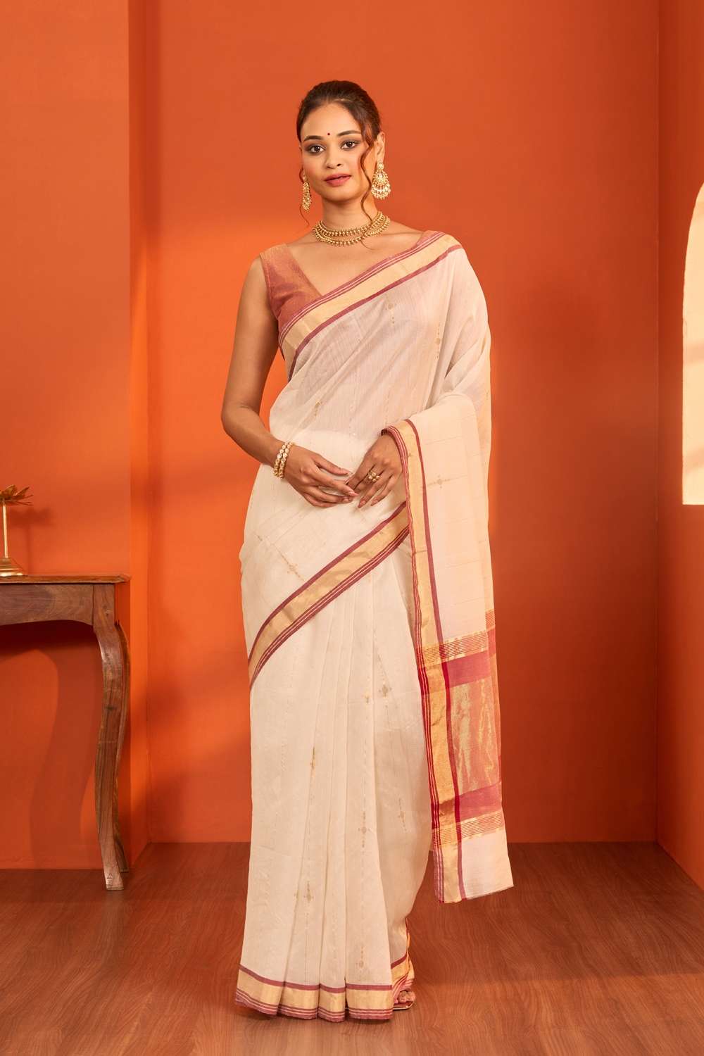 Off White Woven Pure Silk Cotton Chanderi Saree image number null
