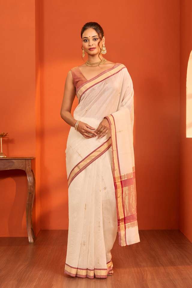 Off White Woven Pure Silk Cotton Chanderi Saree thumbnail image number null