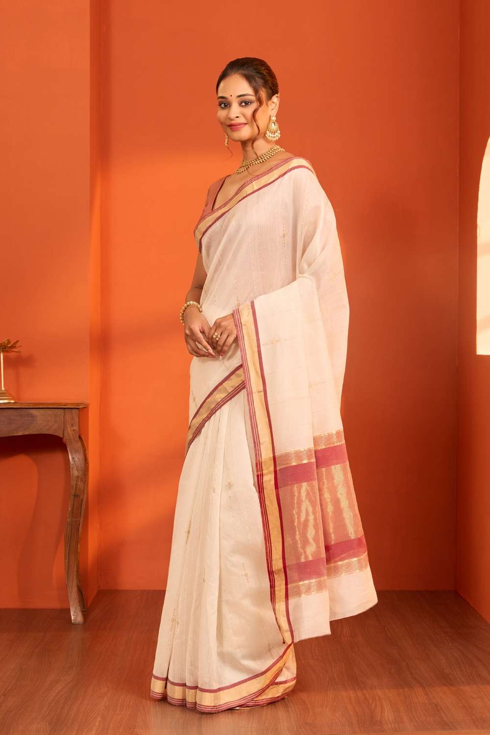 Off White Woven Pure Silk Cotton Chanderi Saree image number null